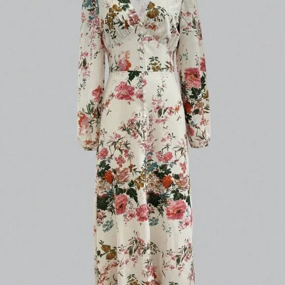 Multicolor Boho Women's Casual Elegant V-Neck Long Sleeve Floral Print Dress - Picture 4 of 8